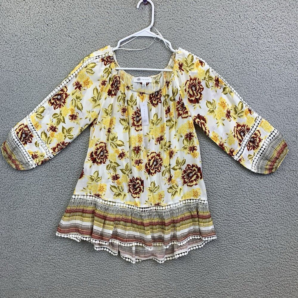 Fever Womens Yellow Floral 100% Rayon Sz Small Off Shoulder BOHO NEW‎ NWT